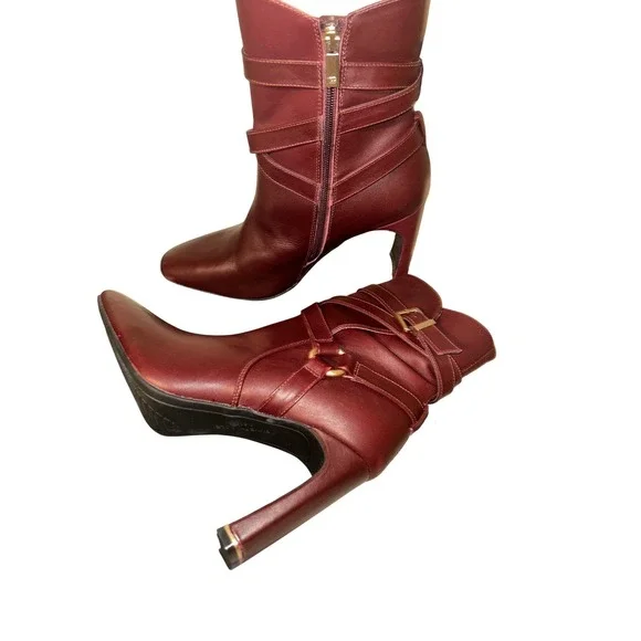 Kenneth Cole Nellie Oxblood Leather Ankle Boots Harness Buckle Block Heel 9.5M - Picture 2 of 8